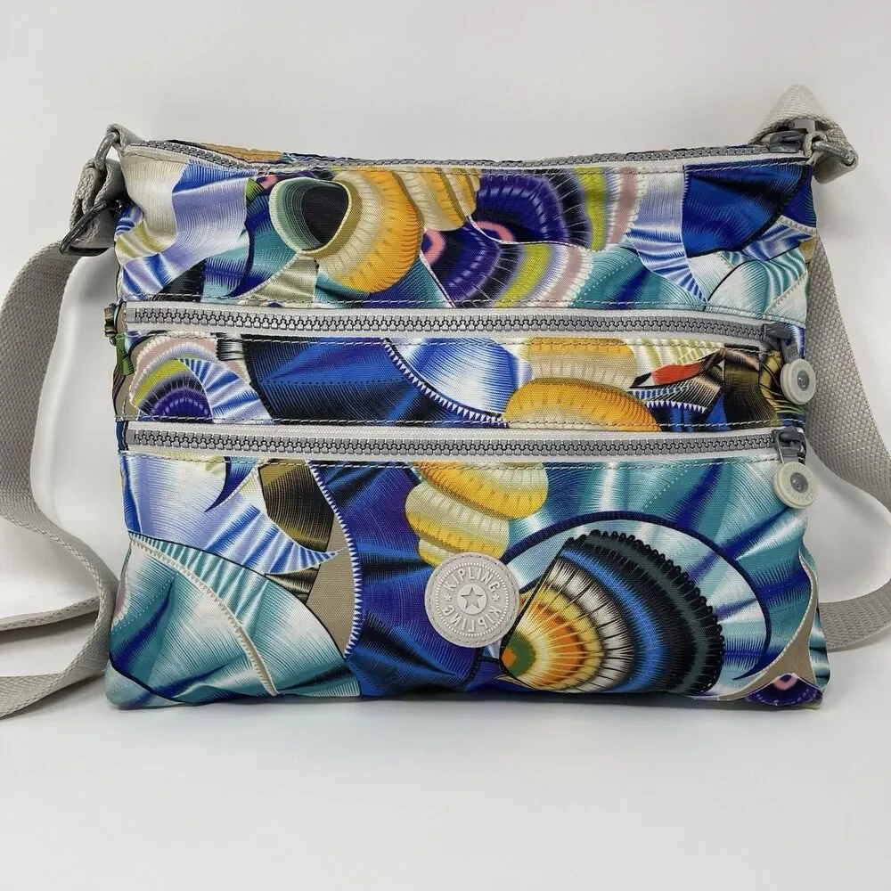 KIPLING Alvar Crossbody Bag Colorful Sea Shells Print Blue Zipper Pockets Fun - Picture 9 of 10
